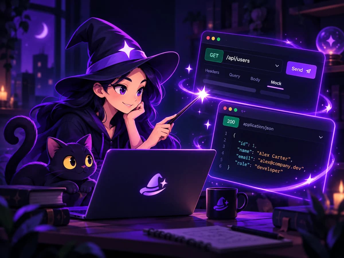 Mockadabra promotional cover featuring a witch, a cat, and illustrated API request and response panels.